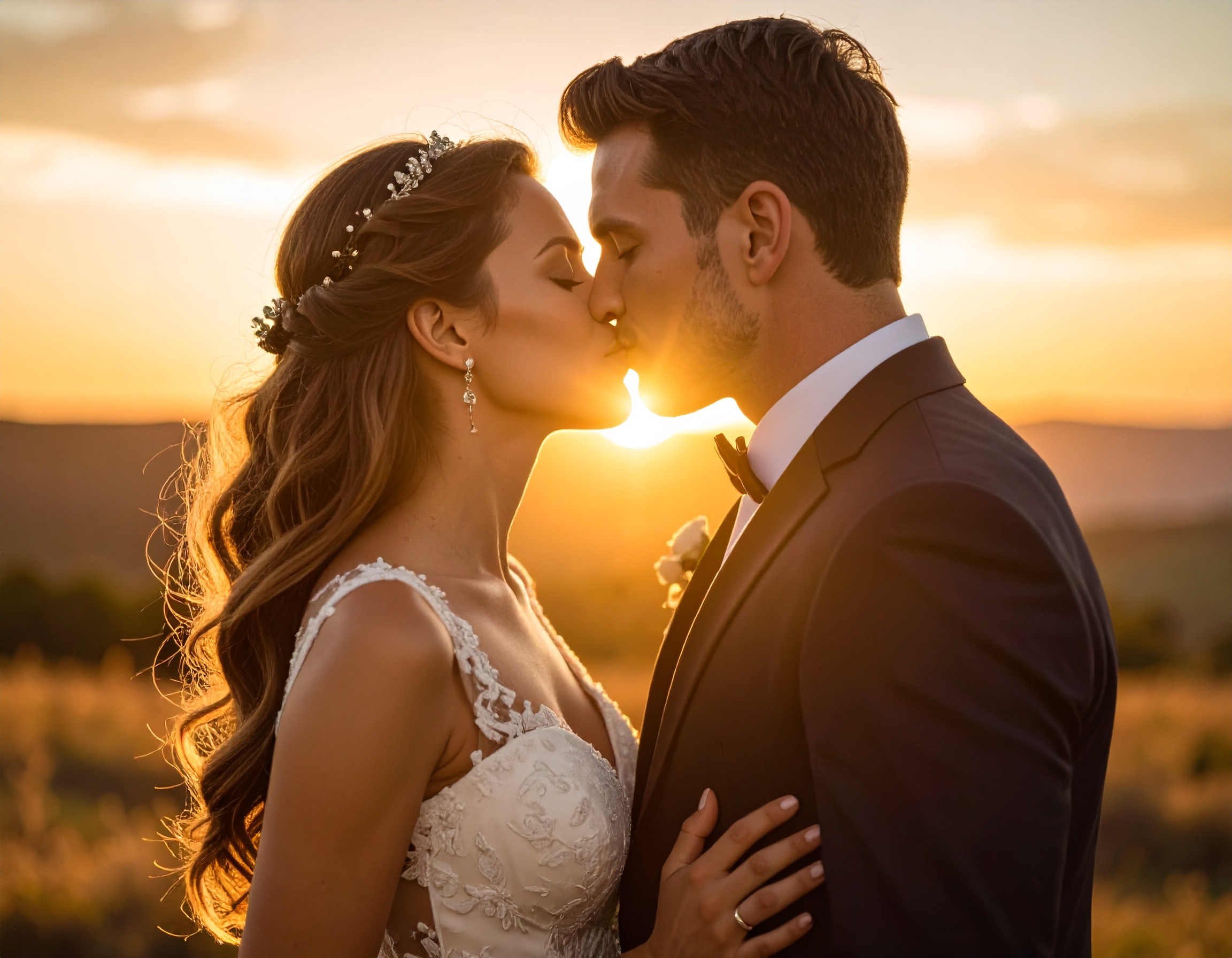 Hochzeitkuss im Gegenlicht
